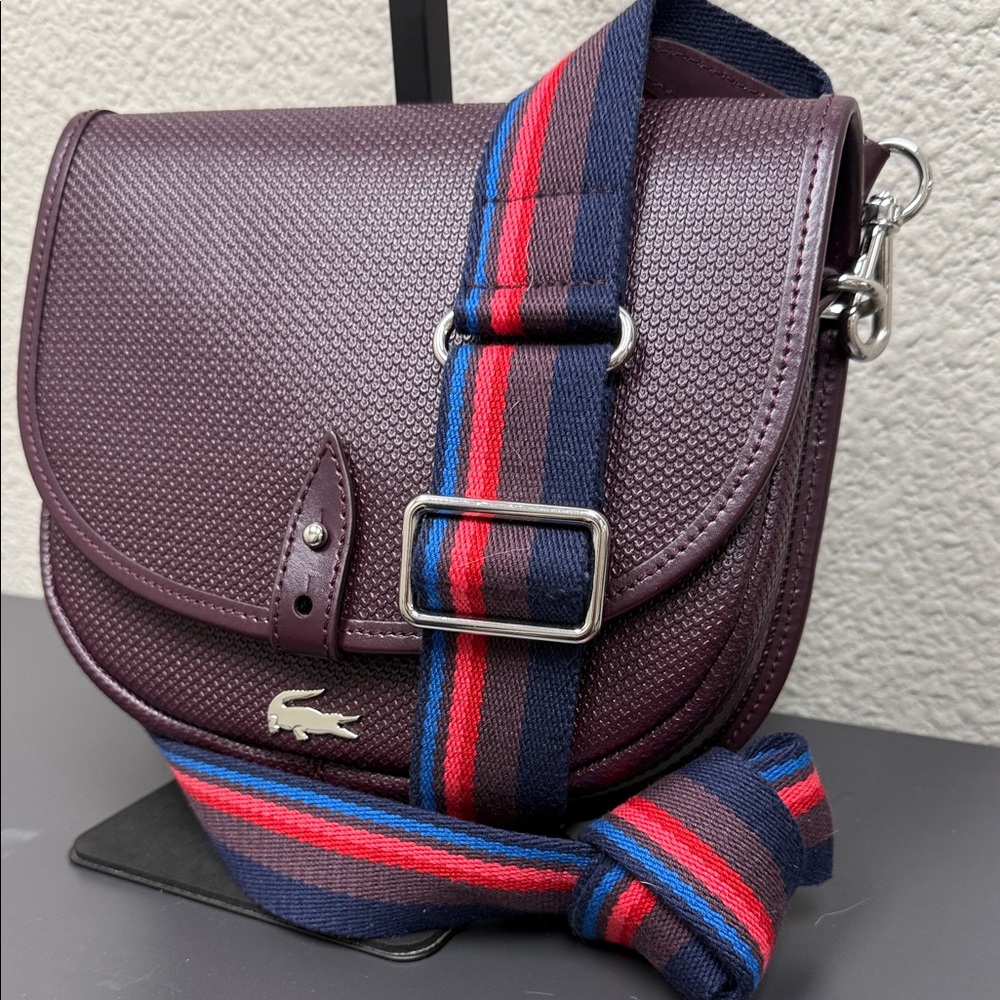 Lacoste City Daily Flap Dark Purple Messenger Bag with Multicolor Strap